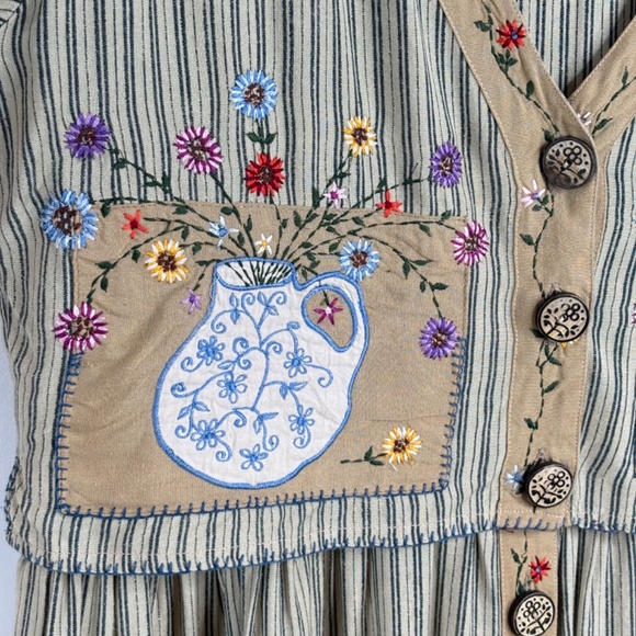 VTG 90s Papy Boez Midi Dress S/M Embroidered Floral Cottage Granny Prairie Bird - Picture 4 of 13